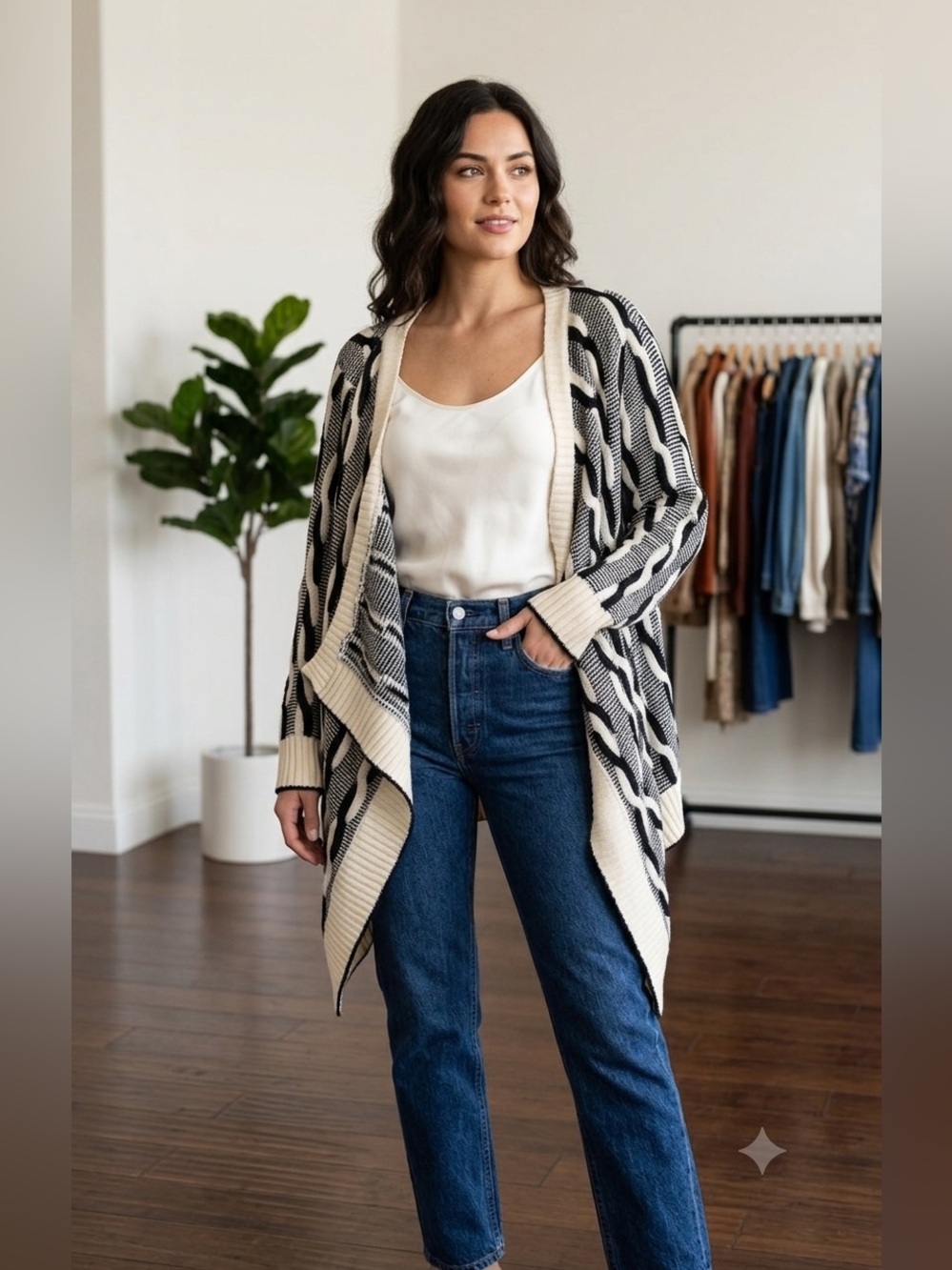 NWT 36 Point 5 x Love Culture Black Cream Wavy Graphic Draped Cardigan - OS